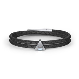 Men’s Leather Sterling Silver Engravable Gemstone Triangle Bracelet in 925 Sterling Silver with Blue Topaz, Blue Sapphire, and Smokey Quartz