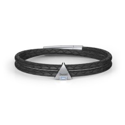 Men’s Leather Sterling Silver Engravable Gemstone Triangle Bracelet in 925 Sterling Silver with Blue Topaz, Blue Sapphire, and Smokey Quartz