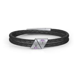 Men’s Leather Sterling Silver 2 Engravable Gemstone Triangle Bracelet