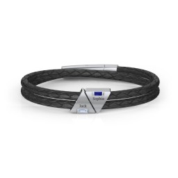 Men’s Leather Sterling Silver 2 Engravable Gemstone Triangle Bracelet in 925 Sterling Silver with Aquamarine, Blue Sapphire, Smokey Quartz, and Blue Topaz