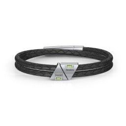 Men’s Leather Sterling Silver 2 Engravable Gemstone Triangle Bracelet in 925 Sterling Silver with Peridot, Smokey Quartz, and Blue Topaz