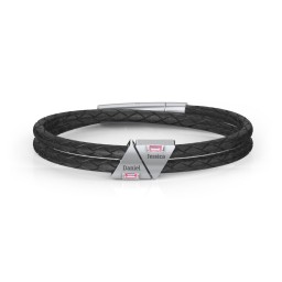 Men’s Leather Sterling Silver 2 Engravable Gemstone Triangle Bracelet in 925 Sterling Silver with Pink Tourmaline, Smokey Quartz, and Blue Topaz