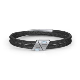 Men’s Leather Sterling Silver 2 Engravable Gemstone Triangle Bracelet in 925 Sterling Silver with Blue Topaz and Smokey Quartz