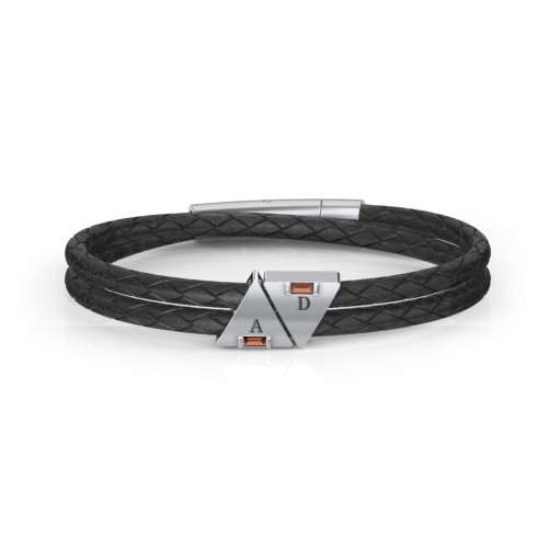 Men’s Leather Sterling Silver 2 Engravable Gemstone Triangle Bracelet – Sterling Silver with Garnet