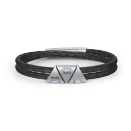 Men’s Leather Sterling Silver 3 Engravable Gemstone Triangle Bracelet in 925 Sterling Silver with Blue Topaz
