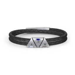 Men’s Leather Sterling Silver 3 Engravable Gemstone Triangle Bracelet in 925 Sterling Silver with Aquamarine, Blue Sapphire, Smokey Quartz, and Blue Topaz