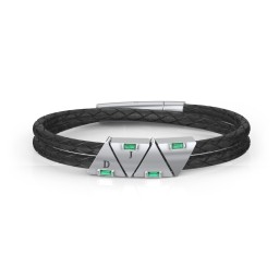 Men’s Leather Sterling Silver 4 Engravable Gemstone Triangle Bracelet