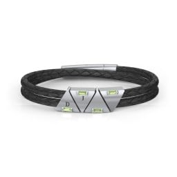 Men’s Leather Sterling Silver 4 Engravable Gemstone Triangle Bracelet