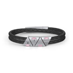 Men’s Leather Sterling Silver 4 Engravable Gemstone Triangle Bracelet
