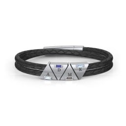 Men’s Leather Sterling Silver 4 Engravable Gemstone Triangle Bracelet
