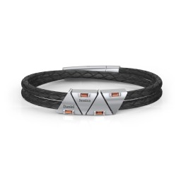 Men’s Leather Sterling Silver 4 Engravable Gemstone Triangle Bracelet in 925 Sterling Silver with Garnet