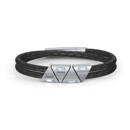 Men’s Leather Sterling Silver 4 Engravable Gemstone Triangle Bracelet in 925 Sterling Silver with Aquamarine