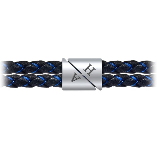 Men's Engravable Black Leather & Blue Silk Double Triangle Bracelet