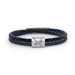 Men's Engravable Black Leather & Blue Silk Double Triangle Bracelet in 925 Sterling Silver