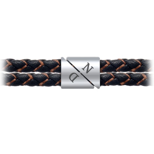 Men's Engravable Black Leather & Brown Silk Double Triangle Bracelet