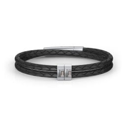 Men’s Leather Sterling Silver 2 Vertical Bar Bracelet with Gemstones