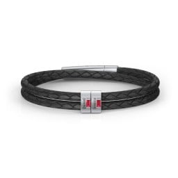 Men’s Leather Sterling Silver 2 Vertical Bar Bracelet with Gemstones