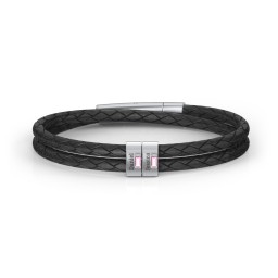 Men’s Leather Sterling Silver 2 Vertical Bar Bracelet with Gemstones