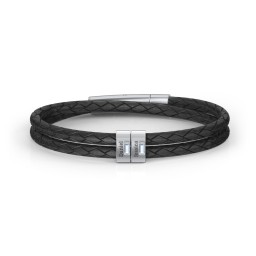 Men’s Leather Sterling Silver 2 Vertical Bar Bracelet with Gemstones