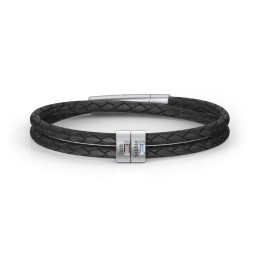 Men’s Leather Sterling Silver 2 Vertical Bar Bracelet with Gemstones in 925 Sterling Silver with Smokey Quartz, Blue Topaz, Peridot, Aquamarine, and Cubic Zirconia
