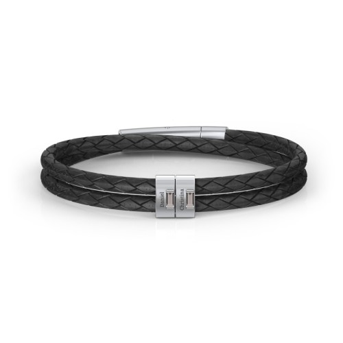 Men’s Leather Sterling Silver 2 Vertical Bar Bracelet with Gemstones