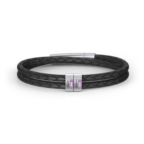 Men’s Leather Sterling Silver 2 Vertical Bar Bracelet with Gemstones – Sterling Silver with Amethyst