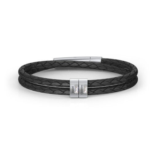 Men’s Leather Sterling Silver 2 Vertical Bar Bracelet with Gemstones – Sterling Silver with Cubic Zirconia