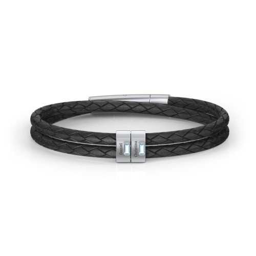 Men’s Leather Sterling Silver 2 Vertical Bar Bracelet with Gemstones – Sterling Silver with Blue Topaz