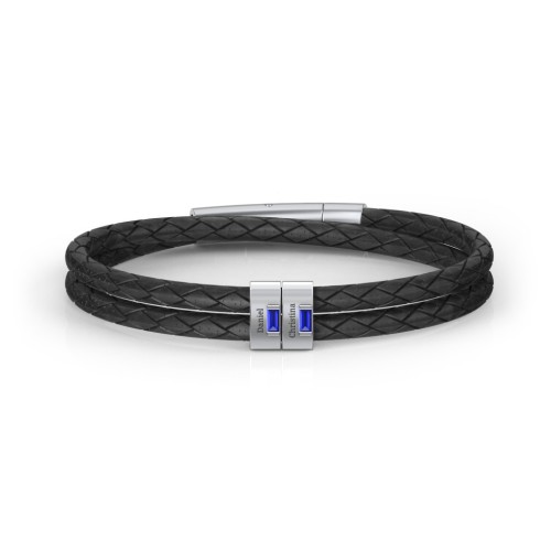 Men’s Leather Sterling Silver 2 Vertical Bar Bracelet with Gemstones – Sterling Silver with Blue Sapphire