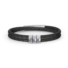 Men’s Leather Sterling Silver 3 Vertical Bar Bracelet with Gemstones