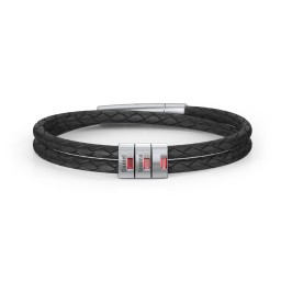 Men’s Leather Sterling Silver 3 Vertical Bar Bracelet with Gemstones