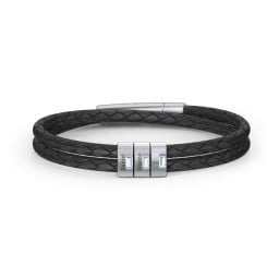 Men’s Leather Sterling Silver 3 Vertical Bar Bracelet with Gemstones