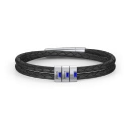 Men’s Leather Sterling Silver 3 Vertical Bar Bracelet with Gemstones