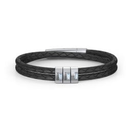 Men’s Leather Sterling Silver 3 Vertical Bar Bracelet with Gemstones