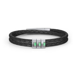 Men’s Leather Sterling Silver 3 Vertical Bar Bracelet with Gemstones in 925 Sterling Silver with Emerald, Aquamarine, and Cubic Zirconia