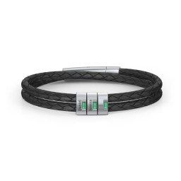 Men’s Leather Sterling Silver 3 Vertical Bar Bracelet with Gemstones in 925 Sterling Silver with Emerald, Aquamarine, and Cubic Zirconia