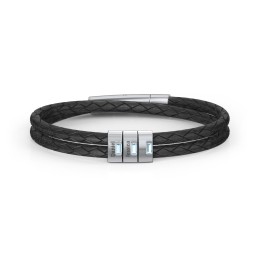Men’s Leather Sterling Silver 3 Vertical Bar Bracelet with Gemstones in 925 Sterling Silver with Blue Topaz, Aquamarine, and Cubic Zirconia