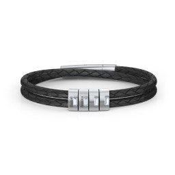 Men’s Leather Sterling Silver 4 Vertical Bar Bracelet with Gemstones in 925 Sterling Silver with Aquamarine and Cubic Zirconia