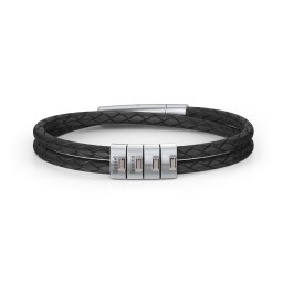 Men’s Leather Sterling Silver 4 Vertical Bar Bracelet with Gemstones in 925 Sterling Silver with Smokey Quartz and Cubic Zirconia