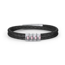 Men’s Leather Sterling Silver 4 Vertical Bar Bracelet with Gemstones in 925 Sterling Silver with Pink Tourmaline and Cubic Zirconia