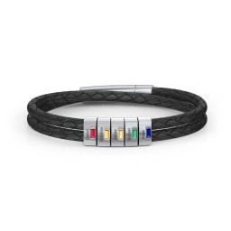 Men’s Leather Sterling Silver 5 Vertical Bar Bracelet with Gemstones in 925 Sterling Silver with Ruby, Citrine, Emerald, and Blue Sapphire