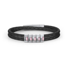 Men’s Leather Sterling Silver 5 Vertical Bar Bracelet with Gemstones in 925 Sterling Silver with Pink Tourmaline