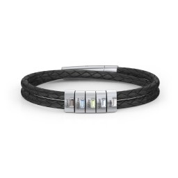 Men’s Leather Sterling Silver 5 Vertical Bar Bracelet with Gemstones in 925 Sterling Silver with Smokey Quartz, Blue Topaz, Peridot, Aquamarine, and Cubic Zirconia
