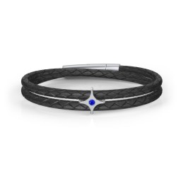 Men’s Leather Sterling Silver North Star Bracelet in 925 Sterling Silver with Blue Sapphire