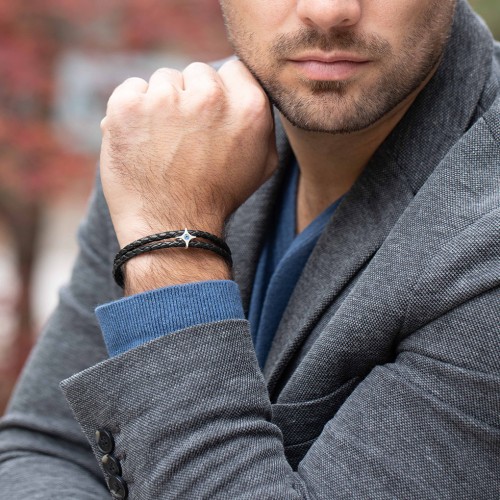Men’s Leather Sterling Silver North Star Bracelet – Sterling Silver with Blue Topaz