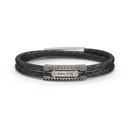 Men’s Leather Sterling Silver Bracelet with Oxidized Engravable Plate