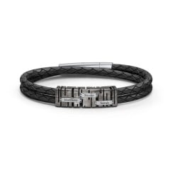 Men’s Leather Sterling Silver Engravable Industrial Plate Bracelet
