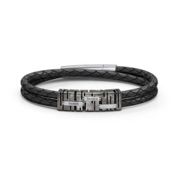 Men’s Leather Sterling Silver Engravable Industrial Plate Bracelet