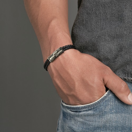 Men’s Leather Sterling Silver Engravable Industrial Plate Bracelet