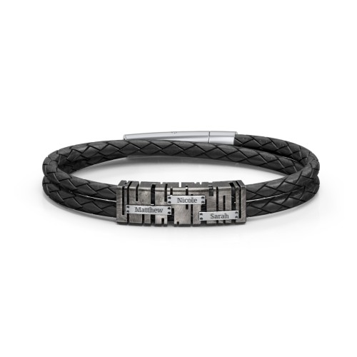 Men’s Leather Sterling Silver Engravable Industrial Plate Bracelet